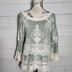 Women's Top Crochet Lace BOHO Cottagecore Coastal Cowgirl Sage Green